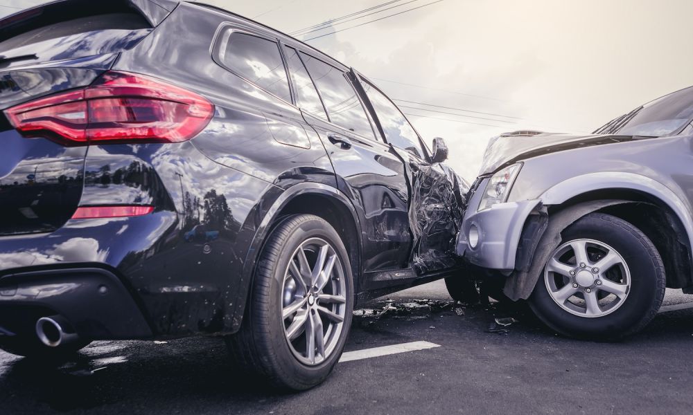 Car crash dangerous accident on the road SUV car crashing beside another one on the road