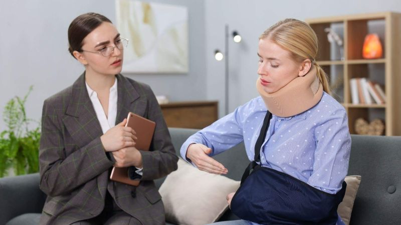 a woman sitting on a couch talking to another woman